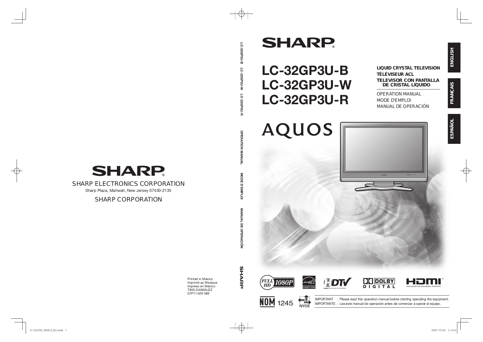 Sharp LC-32GP3U-W, LC-32GP3U-R, LC-32GP3U-B User Manual