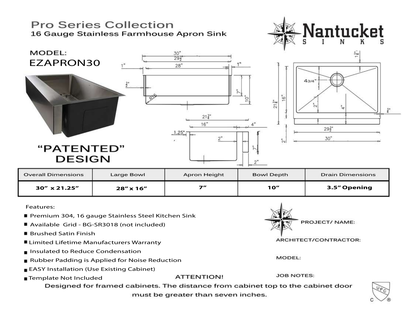 Nantucket Sinks EZAPRON30 Specs