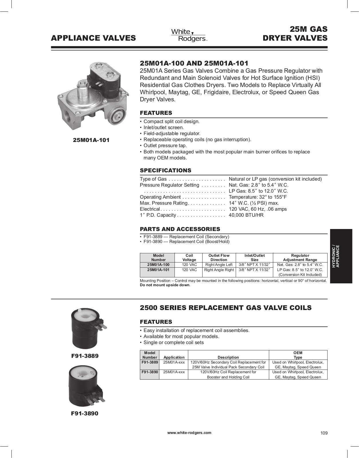 White Rodgers 25M01A-101, 25M01A-100 Catalog Page