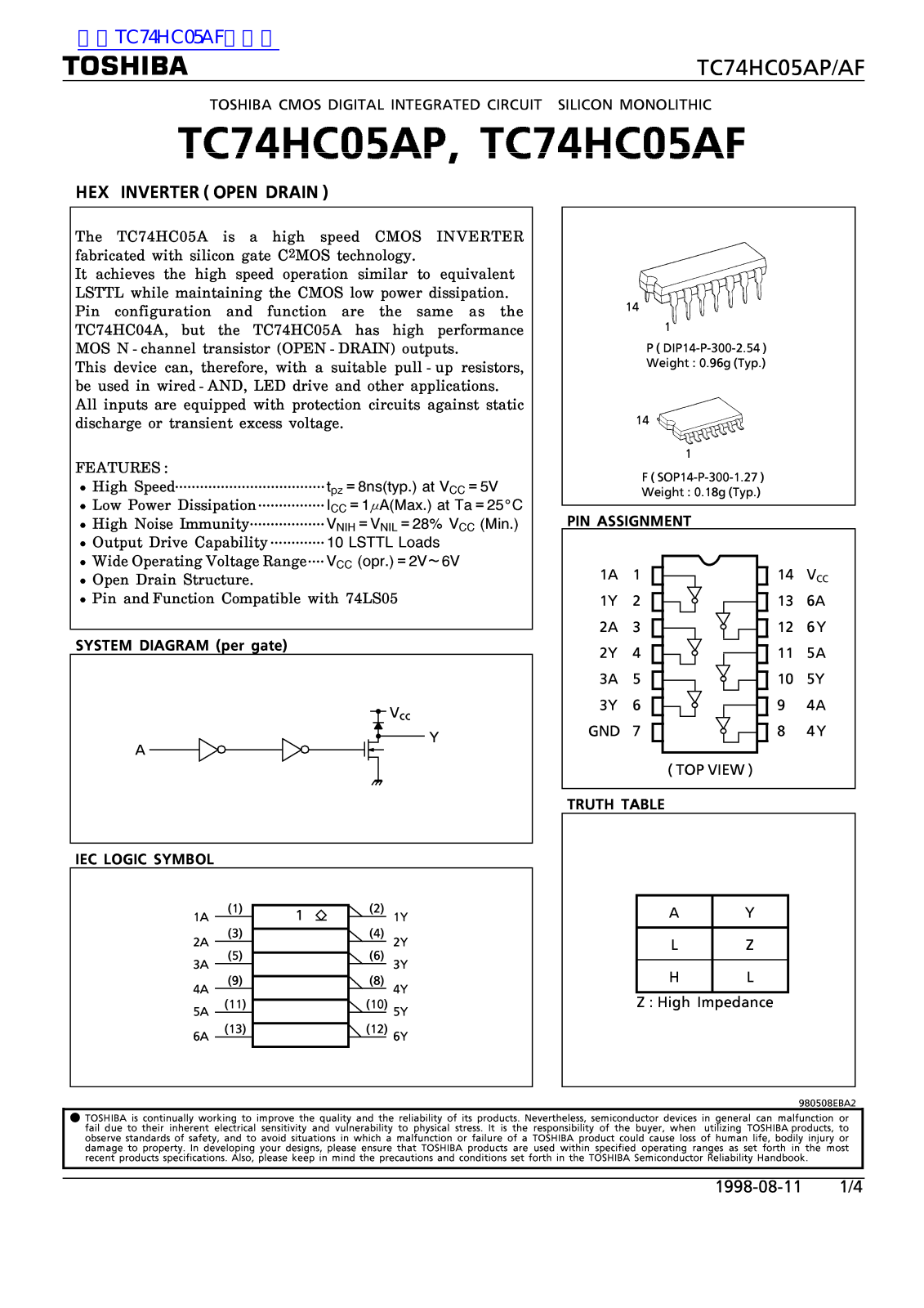 TOSHIBA TC74HC05AP Technical data