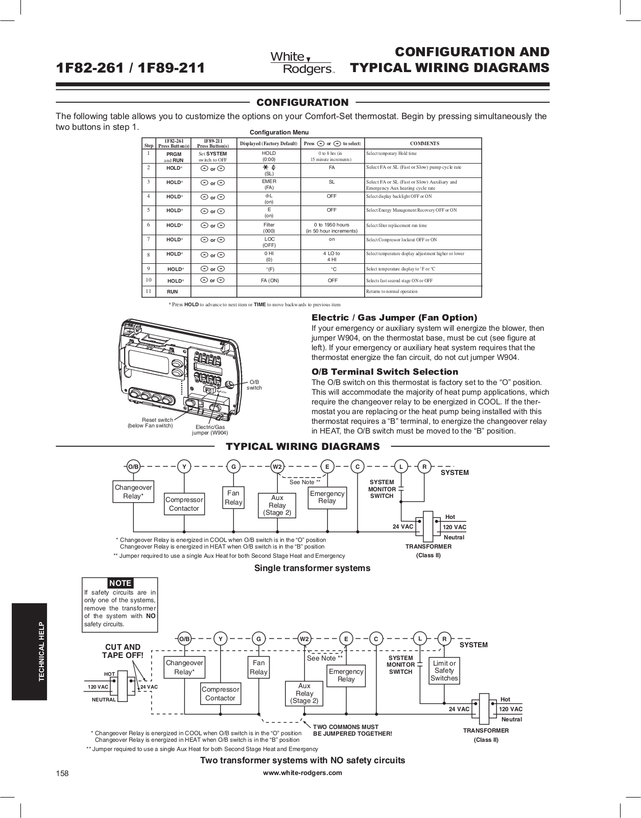 White Rodgers 1F89-211, 1F82-261 Wiring and Configuration