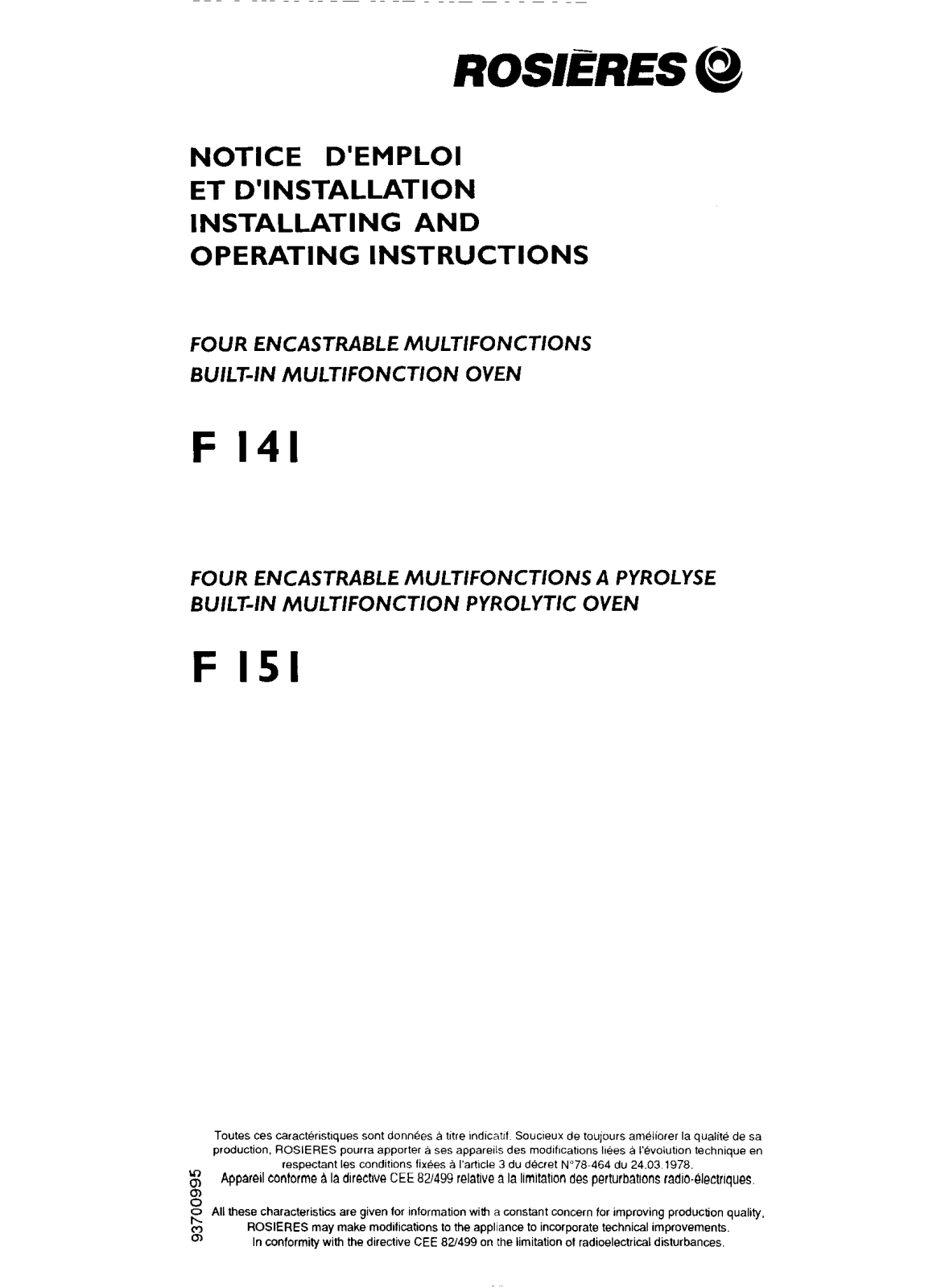 ROSIERES F 141, F 151 User Manual