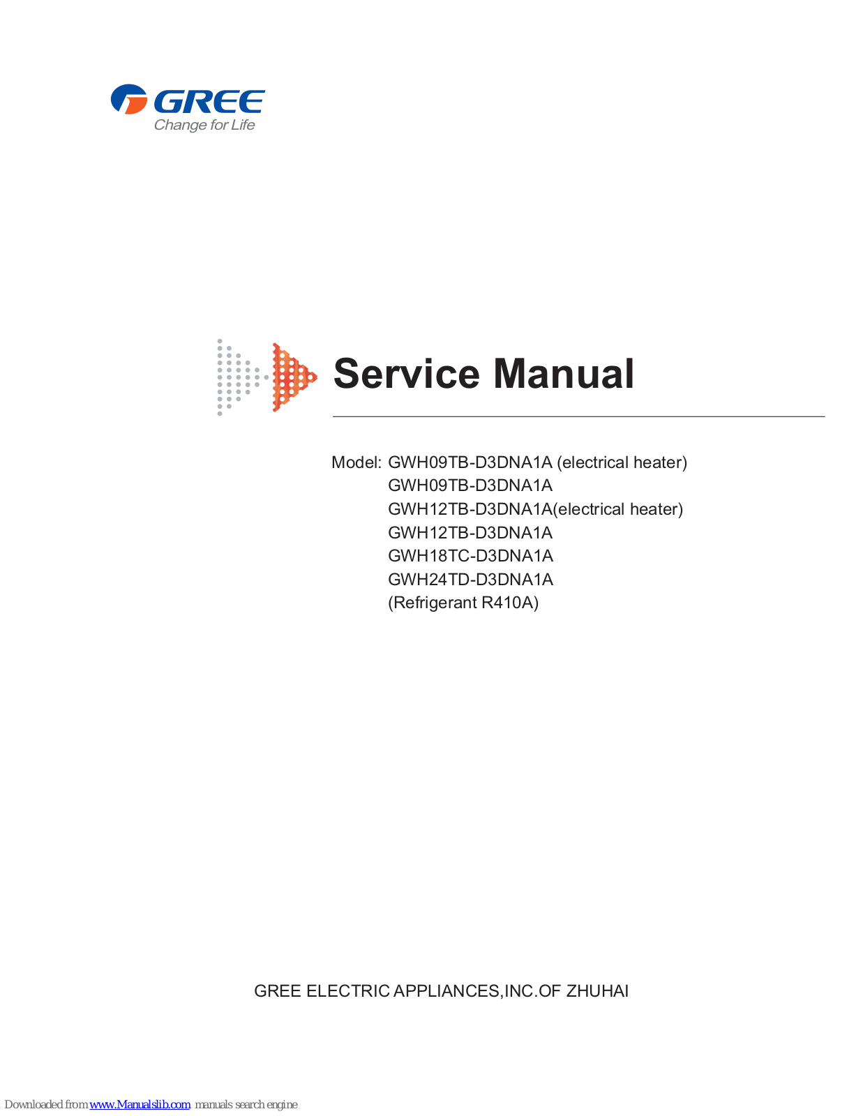 Gree GWH12TB-D3DNA1A, GWH09TB-D3DNA1A, GWH18TB-D3DNA1A, GWH24TB-D3DNA1A Service Manual