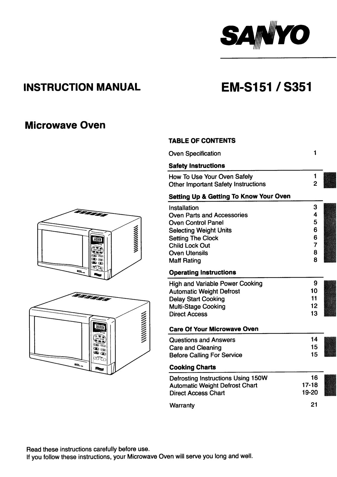 Sanyo EM-S351, EM-S151 Instruction Manual