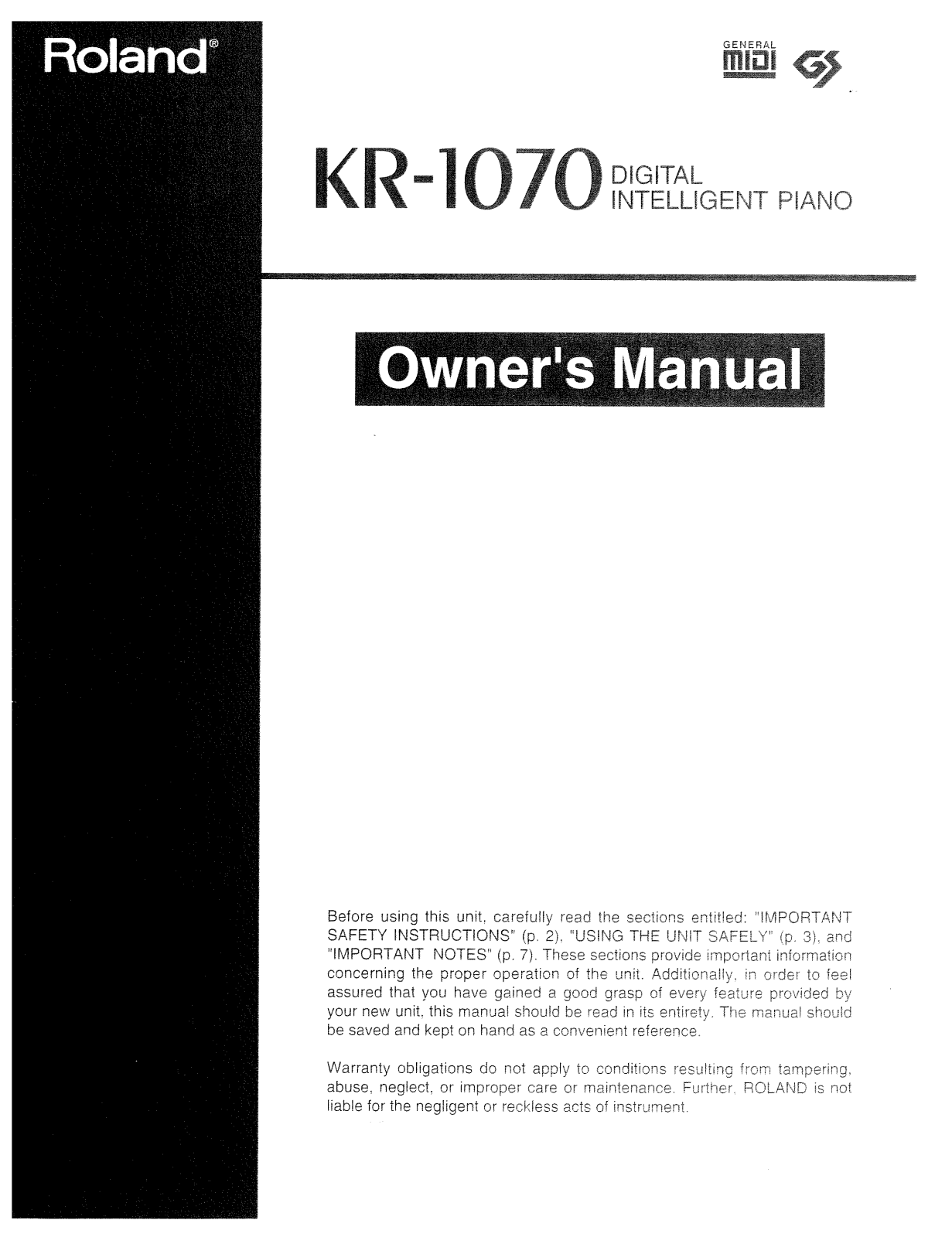 Roland Corporation KR-1070 Owner's Manual