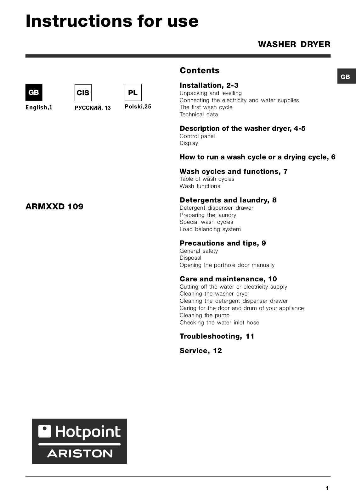 ARISTON ARMXXD 109 User Manual