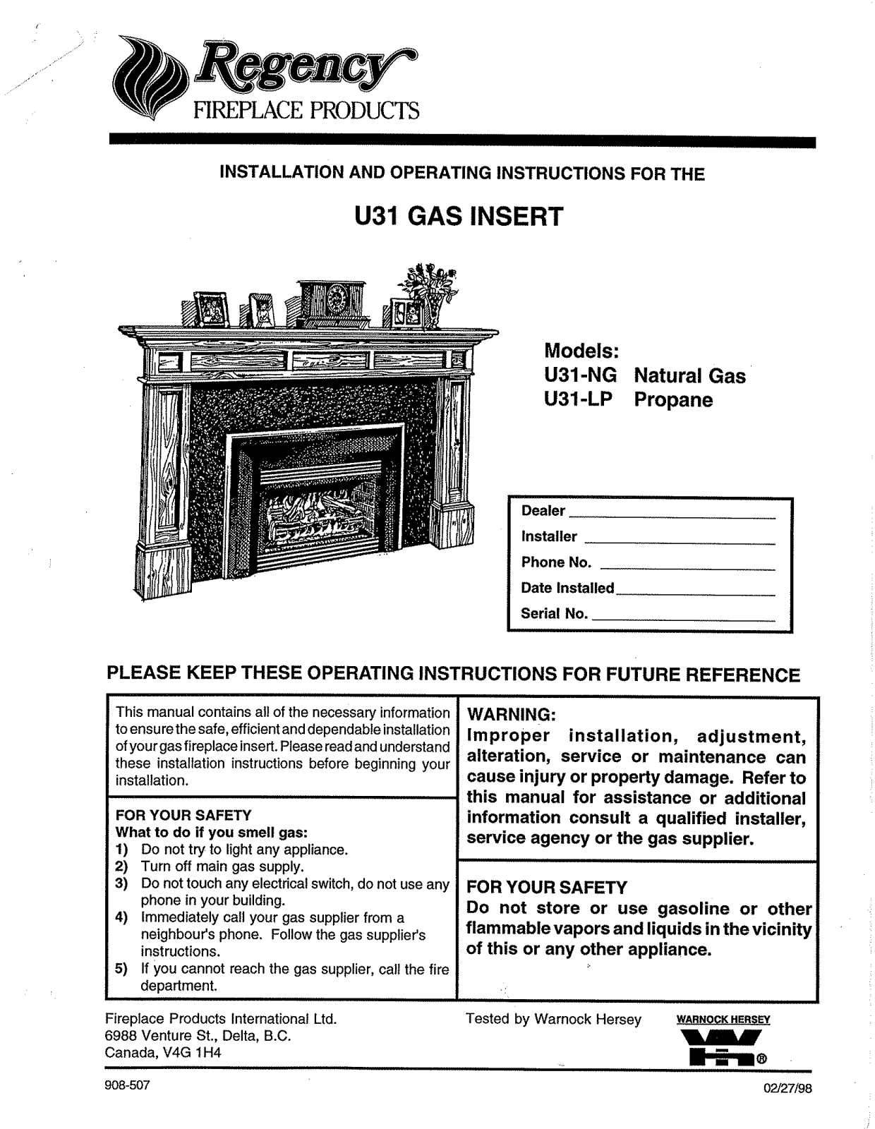 Regency U31 Installation Manual