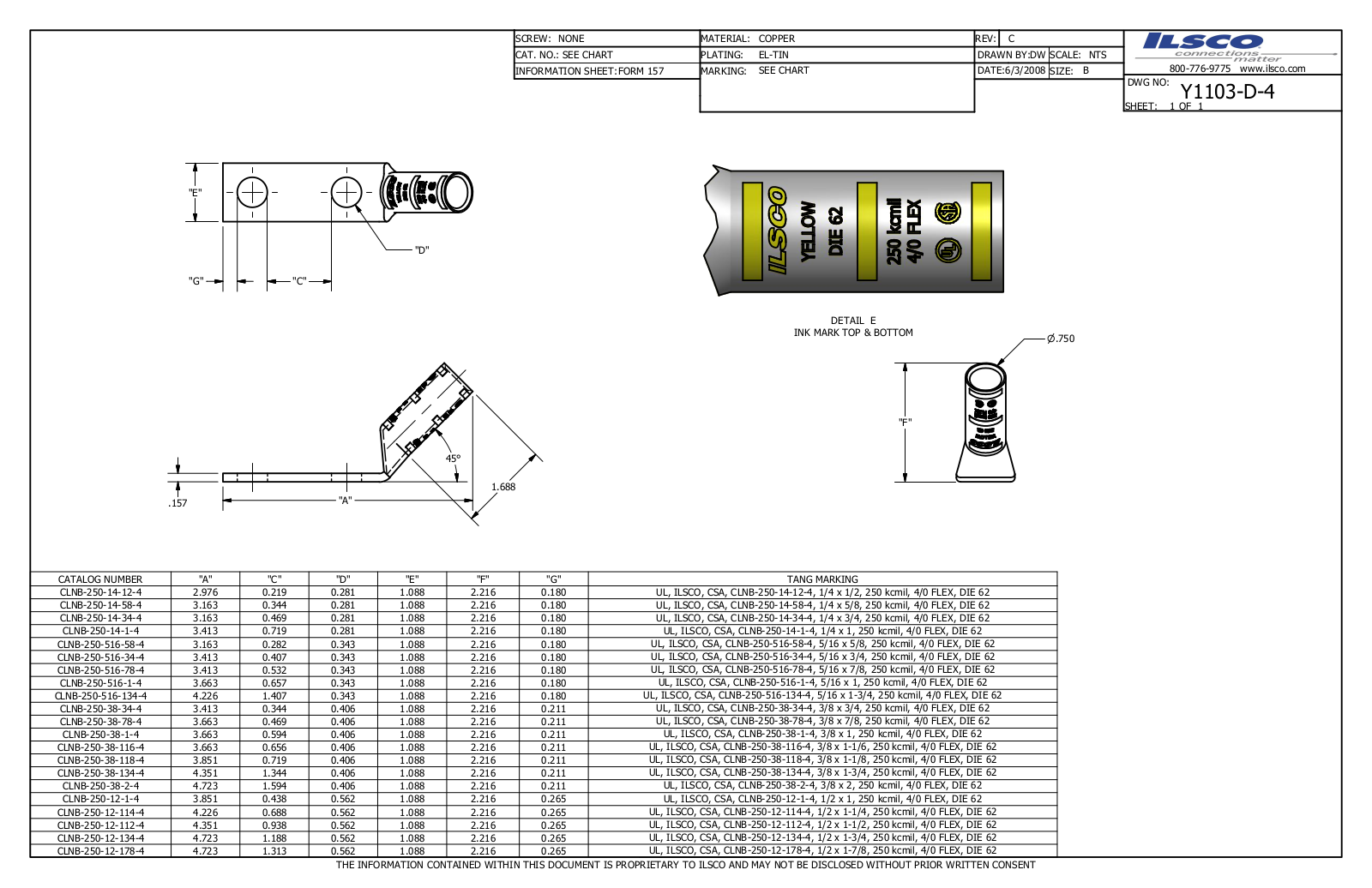 Ilsco CLNB-250-12-114-4 Data sheet