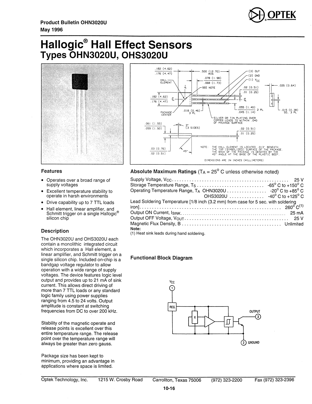 OPTEK OHN3020U, OHS3020U Datasheet