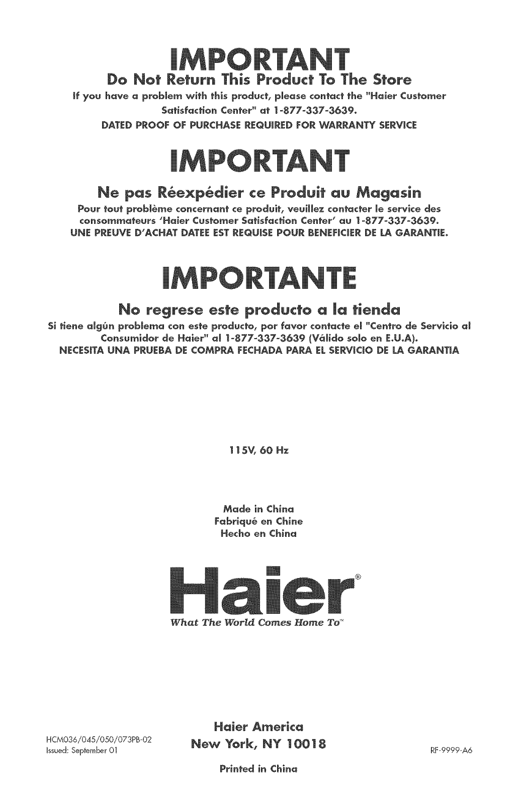 Haier HCM073PA, HCM050PA, HCM045PB Owner’s Manual