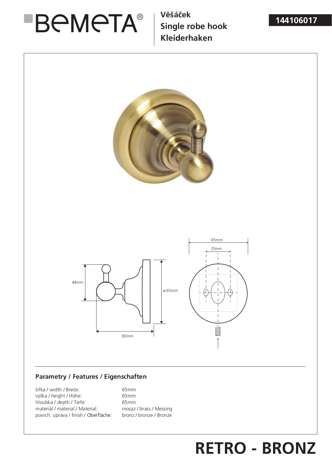 Bemeta RETRO - BRONZ 144106017 User guide