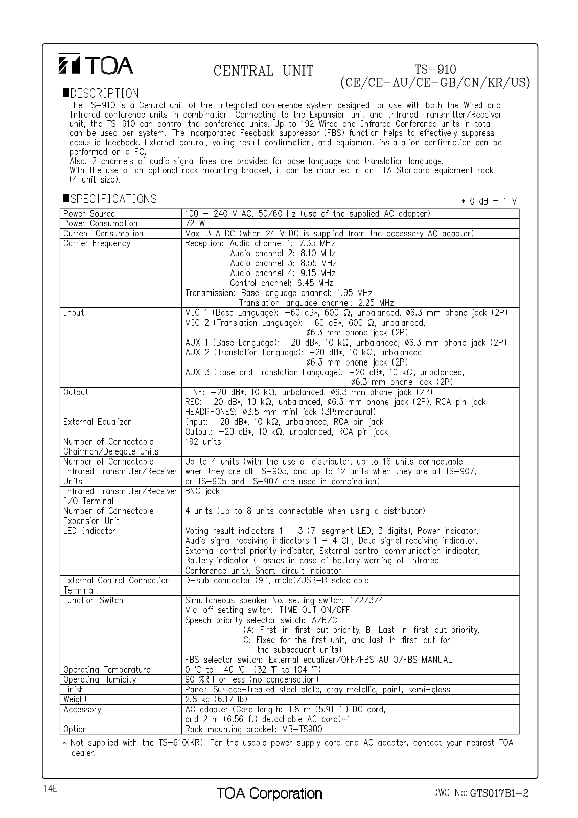 TOA TS-910-US User Manual