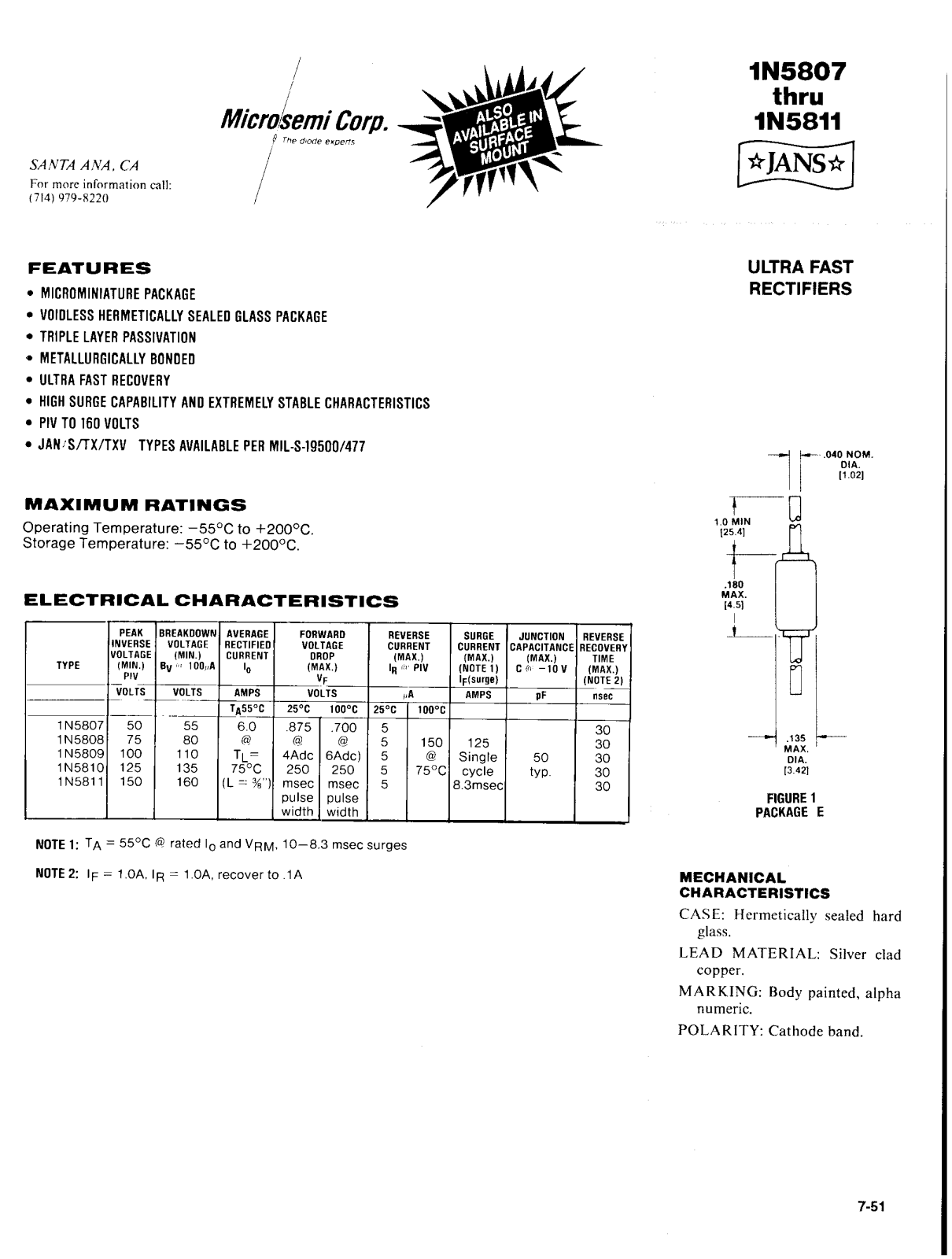 Microsemi Corporation 1N6628, 1N5811US, 1N5811, 1N5809US, 1N5809 Datasheet