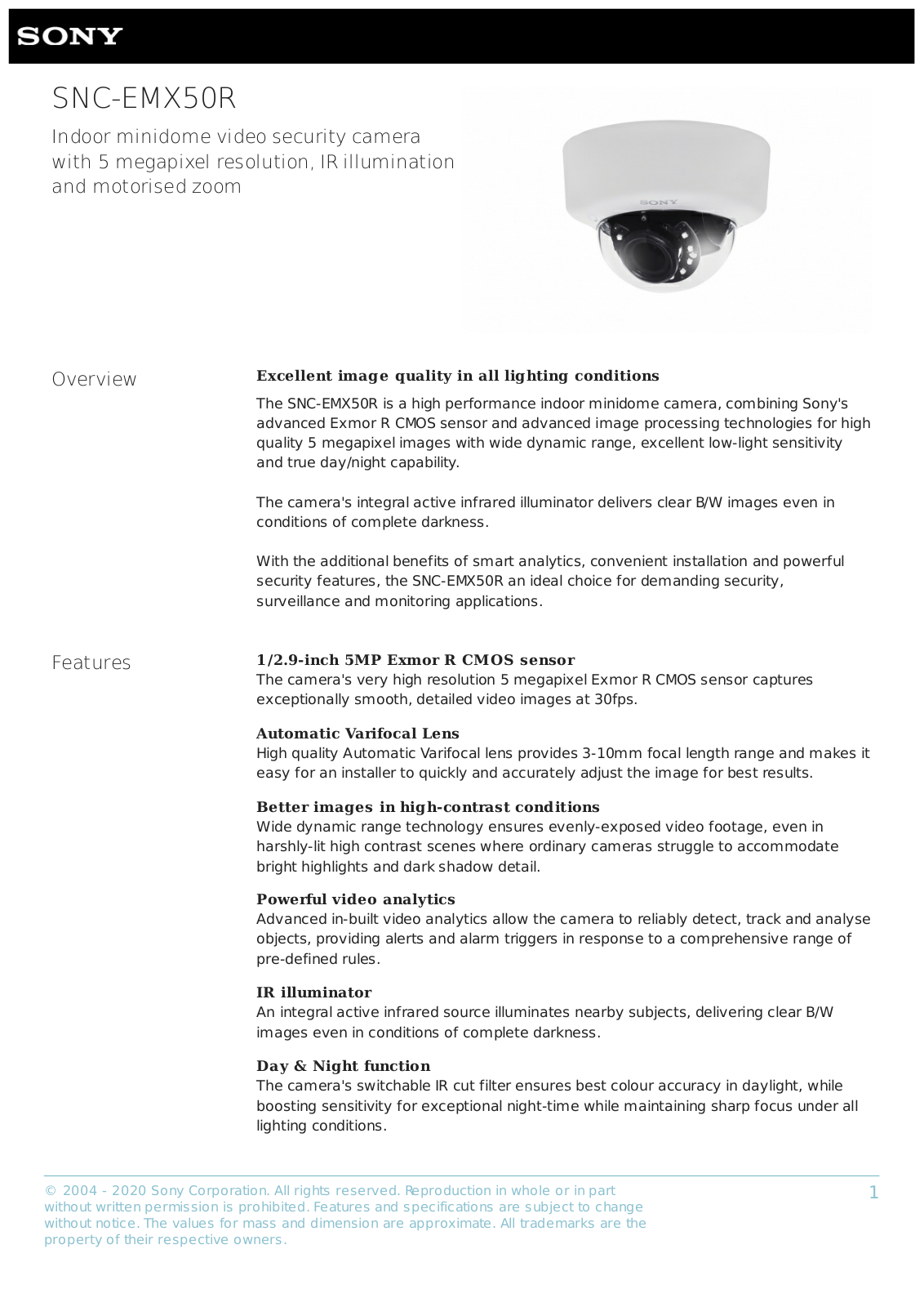 Sony SNC-EMX50R Specsheet