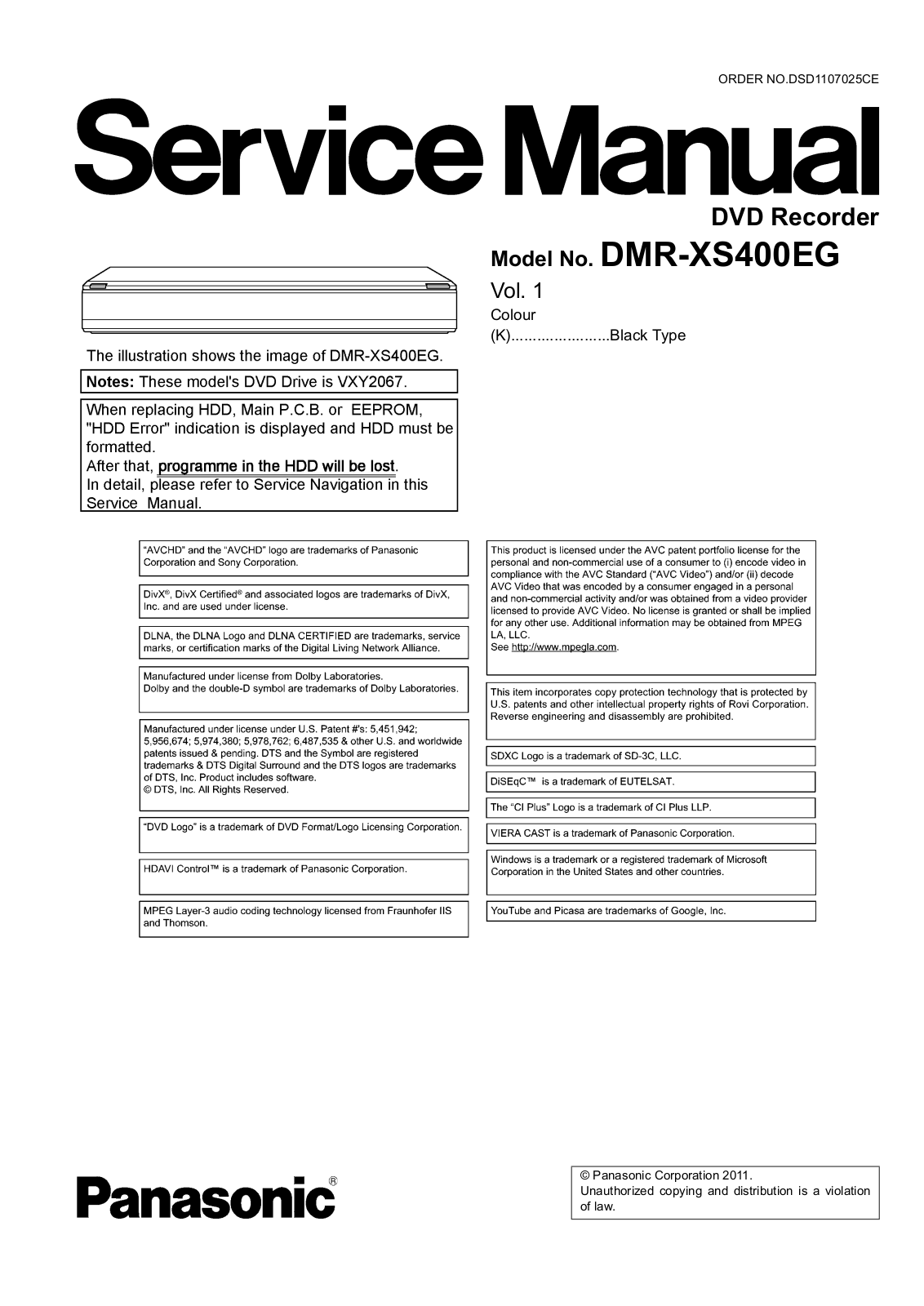 Panasonic DMR-XS400EG Service Manual