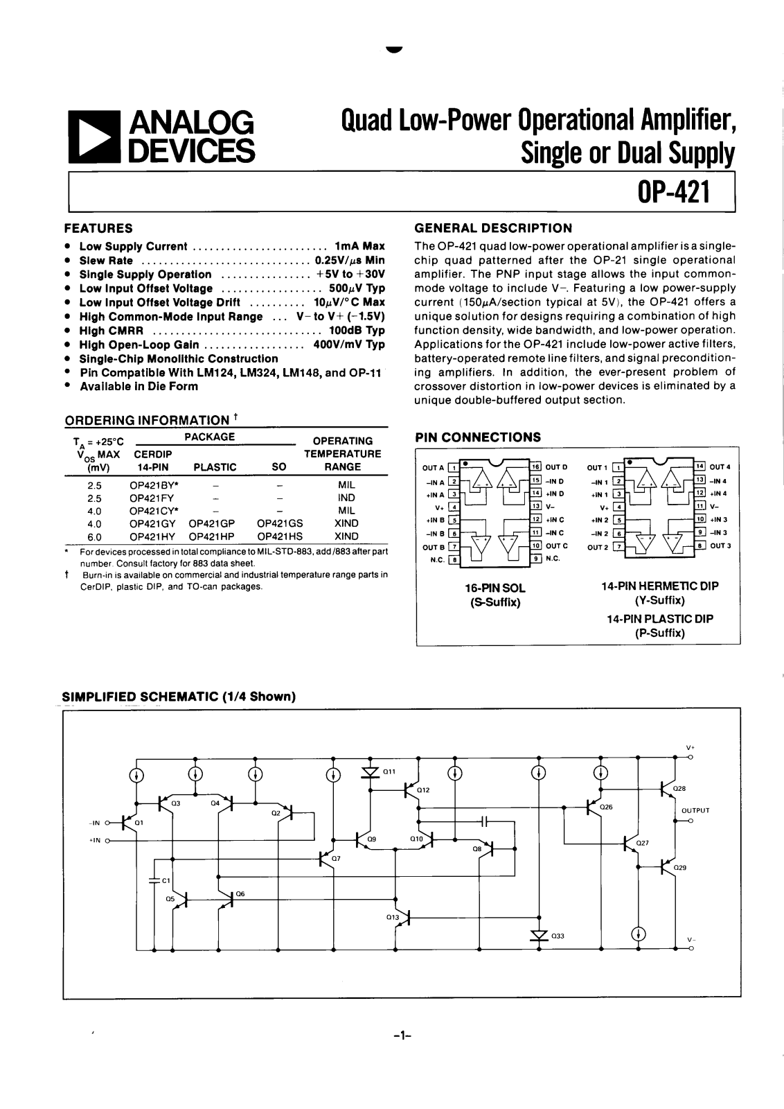 Analog Devices OP421 Datasheet