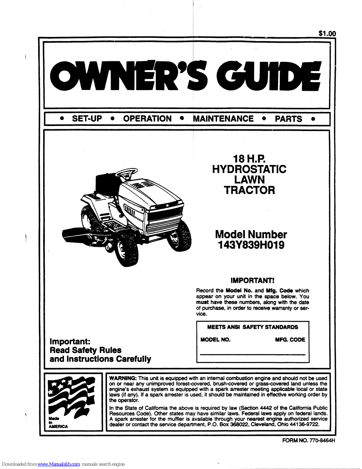 MTD 143Y839H019, 839 Owner's Manual