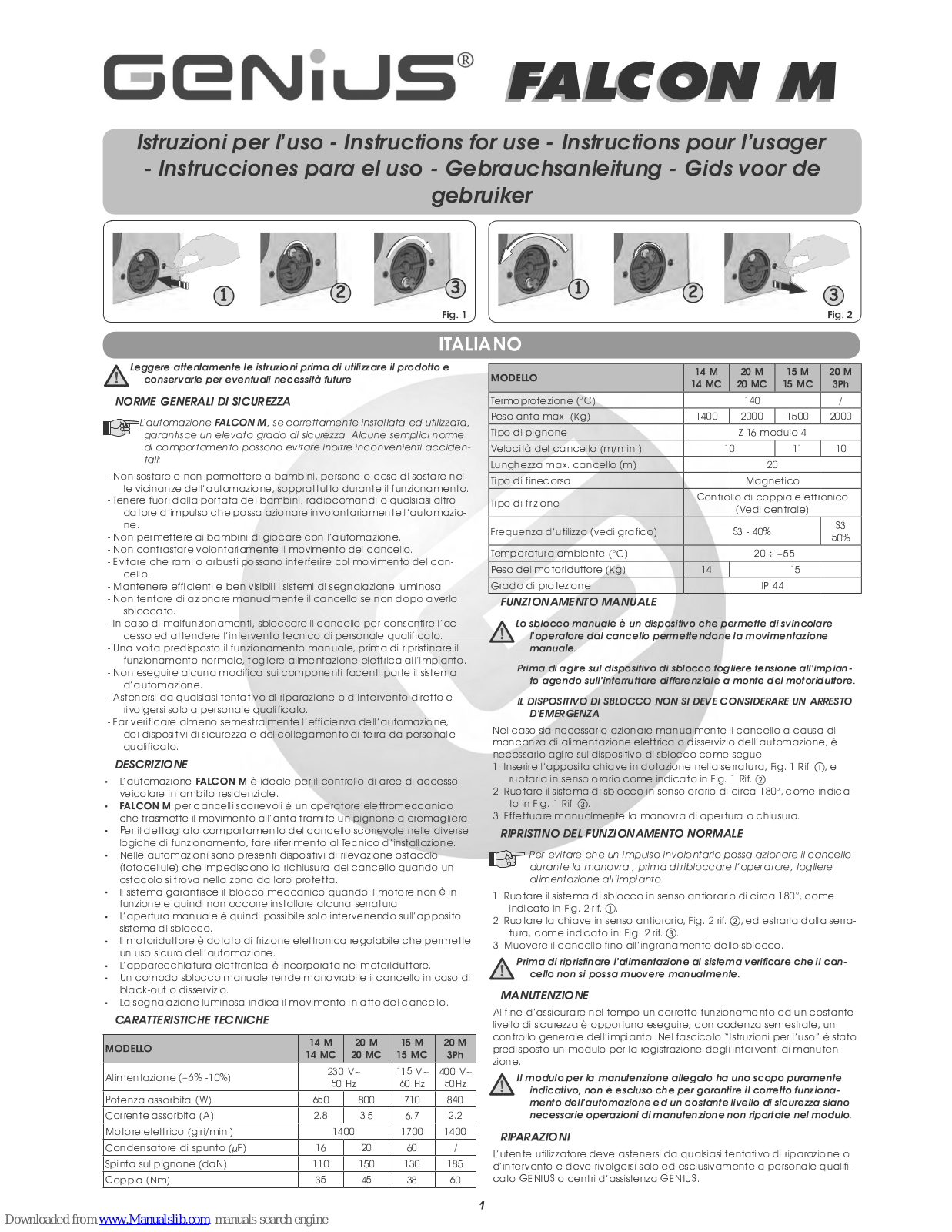 Genius FALCON 14 MC, FALCON 14 M, FALCON 20 M, FALCON 20 MC, FALCON 15 MC Instructions For Use Manual