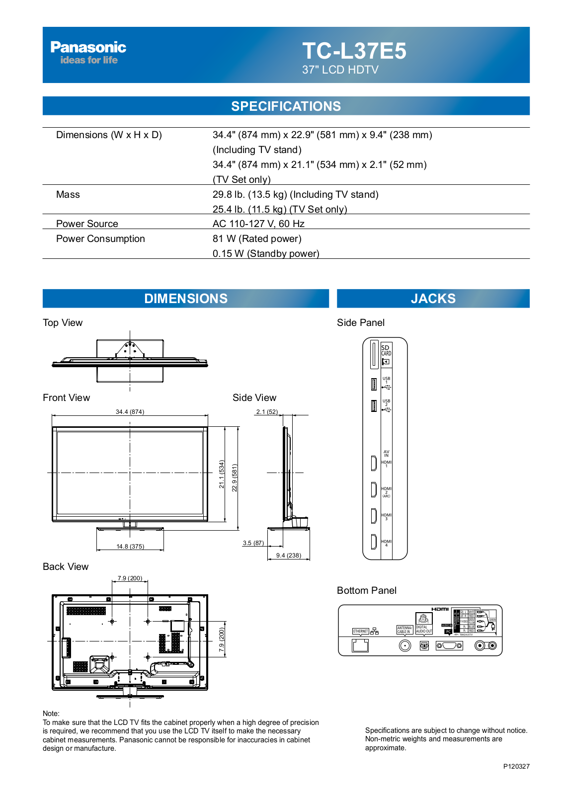 Panasonic tc-l37e5 cut sheet - ManualMachine.com