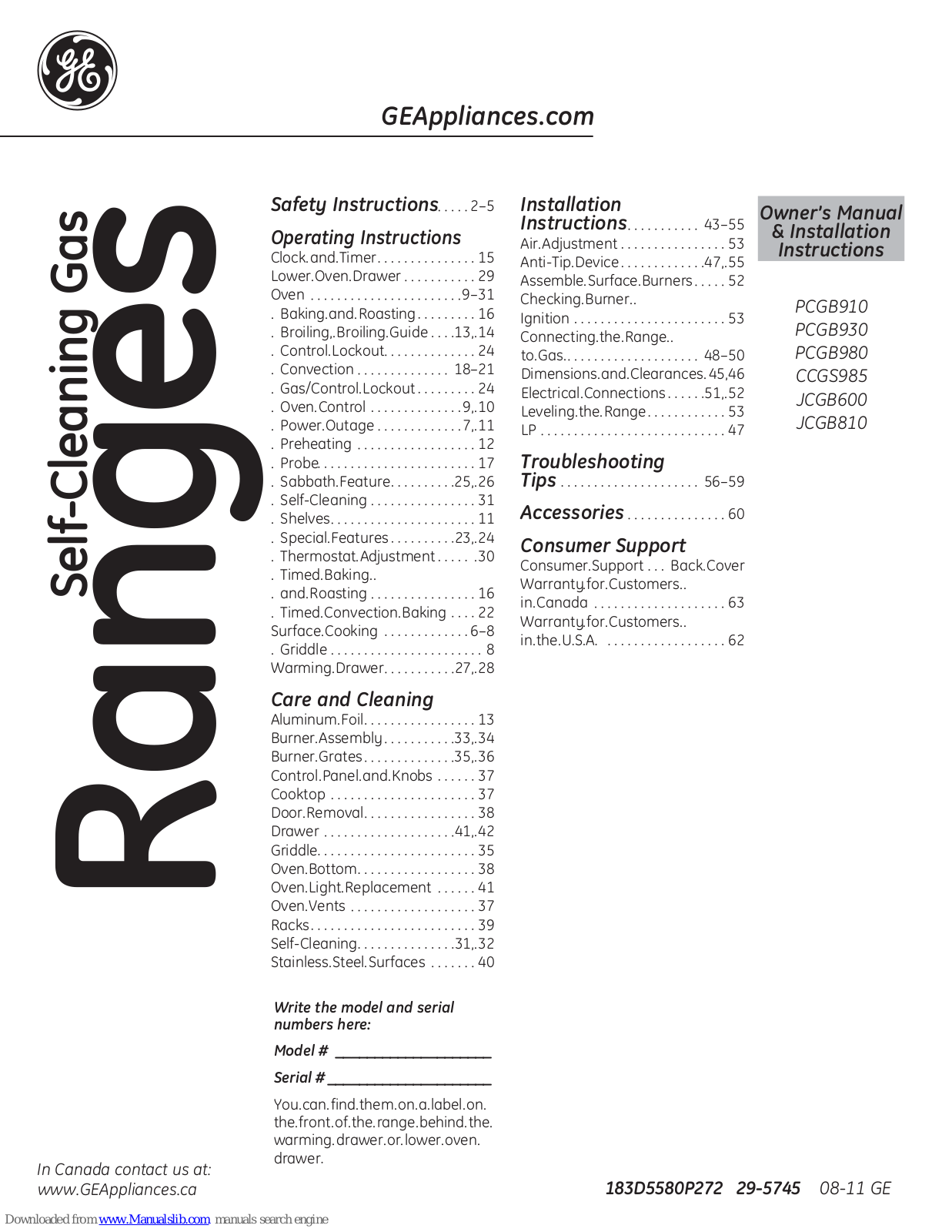 GE PCGB930, PCGB980, CCGS985, JCGB600, JCGB810 Owner's Manual & Installation Instructions