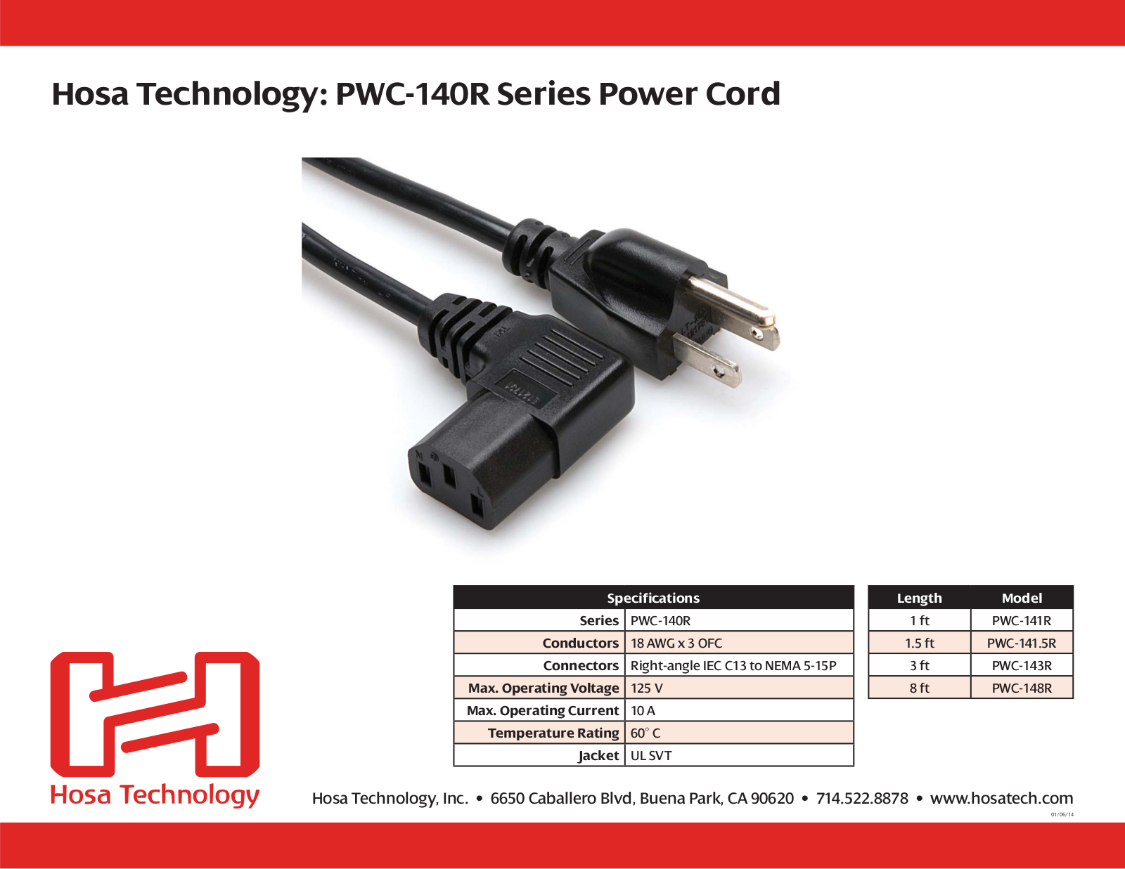 Hosa PWC-141R, PWC-148R, PWC-143R, PWC-141.5R Specifications