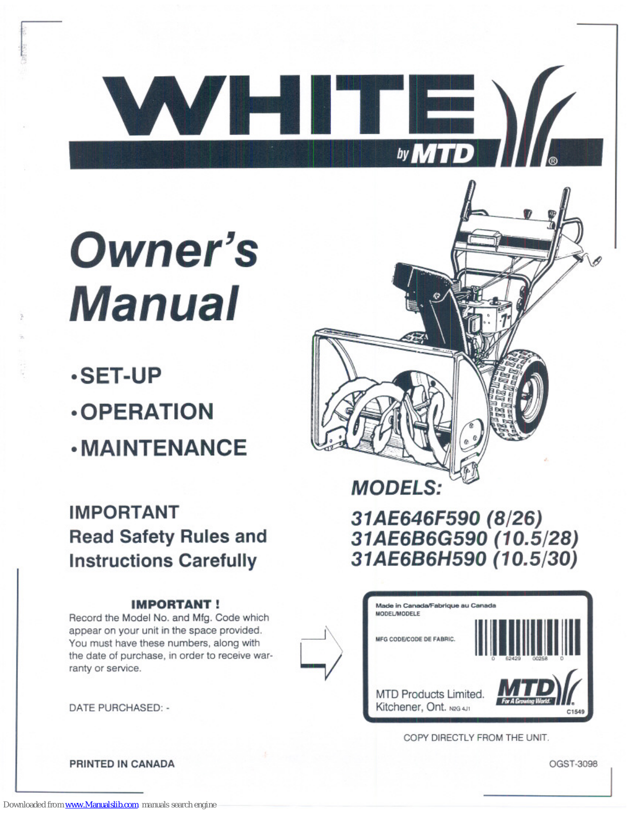 White Outdoor 31AE646F590, 31AE6B6G590, 31AE6B6H590 Owner's Manual