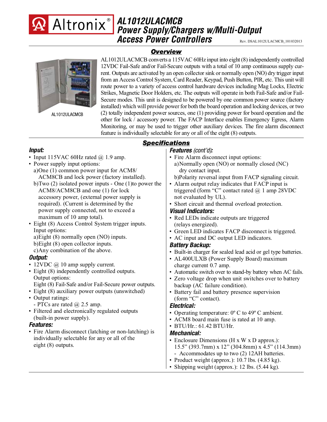 Altronix AL1012ULACMCB Specsheet