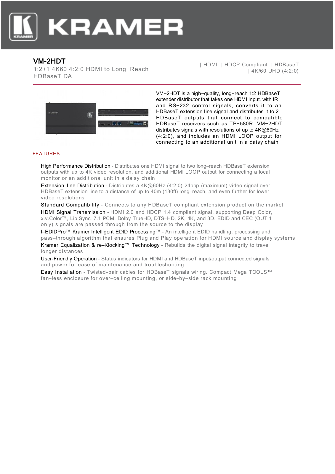 Kramer VM-2HDT Datasheet