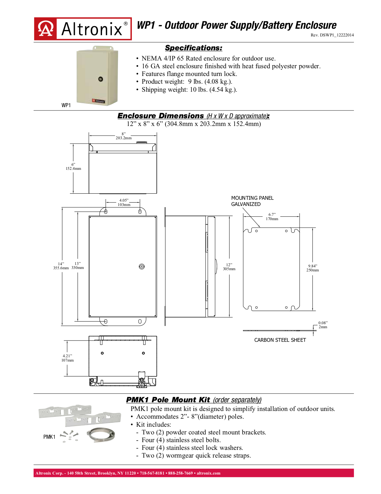 Altronix WP1 Specsheet