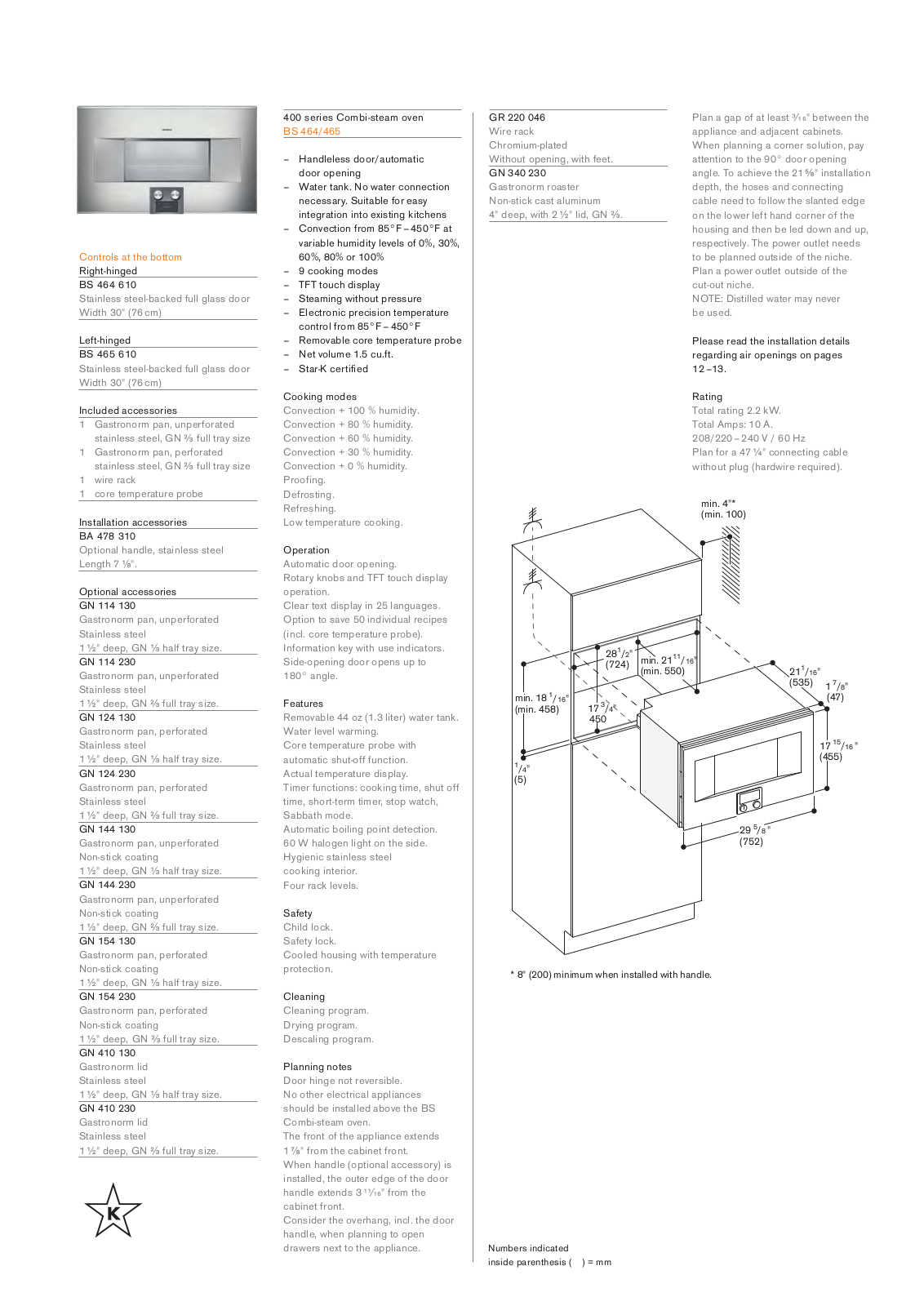 Gaggenau BS 464 610, BS 465 610 Specifications