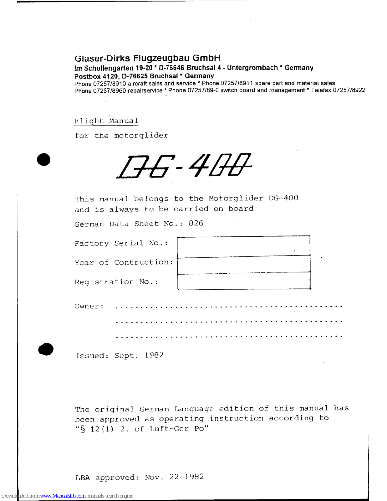 Glaser-Dirks DG-400 Flight Manual