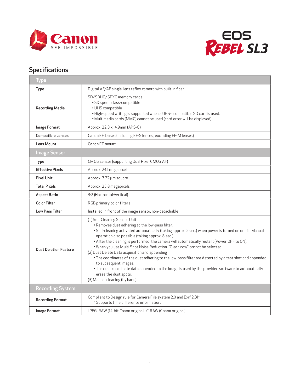 Canon EOS Rebel SL3 Specifications