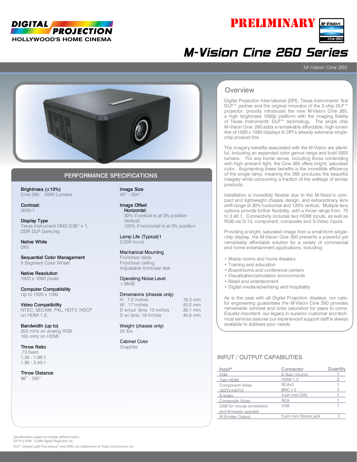 Digital Projection M-Vision Cine 260 Product Sheet