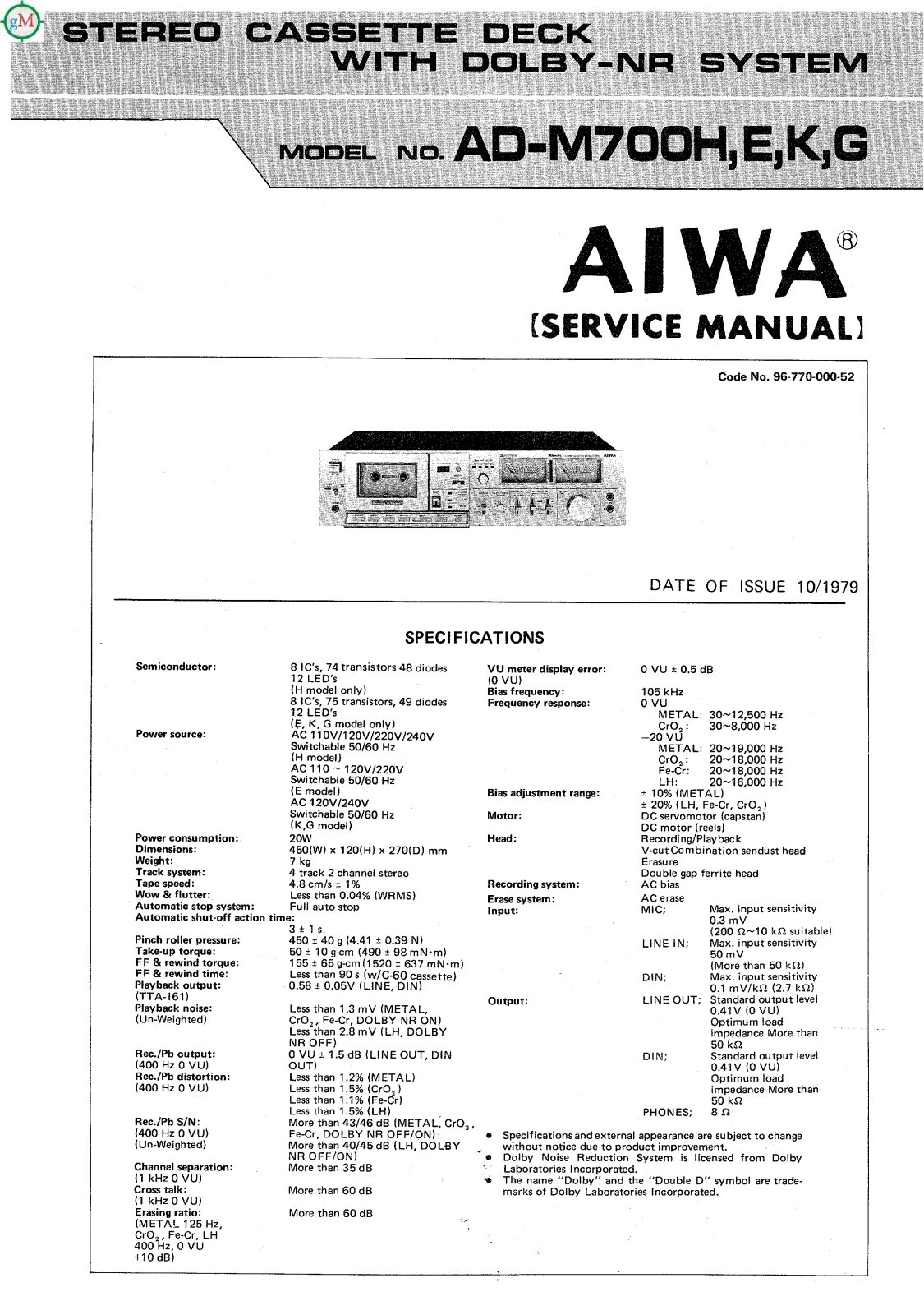 Aiwa AD-M700H, AD-M700E, AD-M700K, AD-M700G Schematic