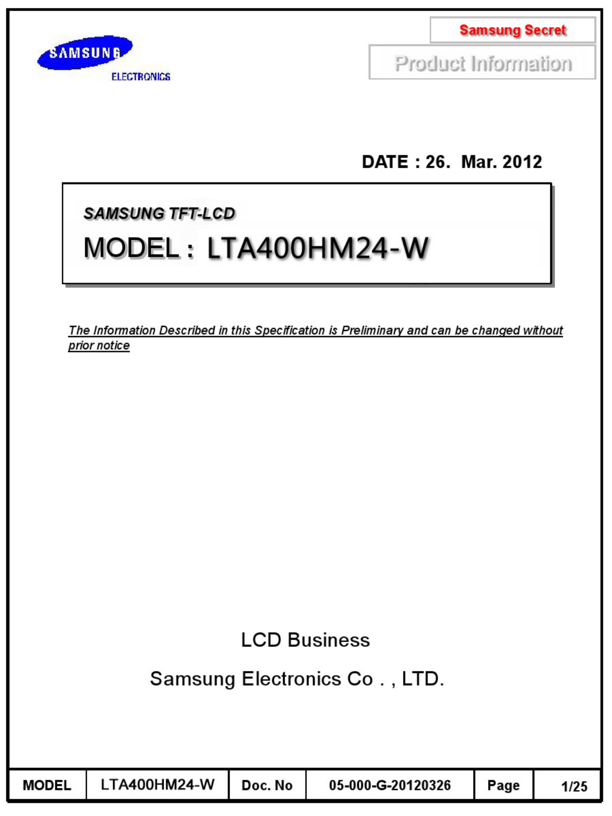 SAMSUNG LTA400HM24-W Specification