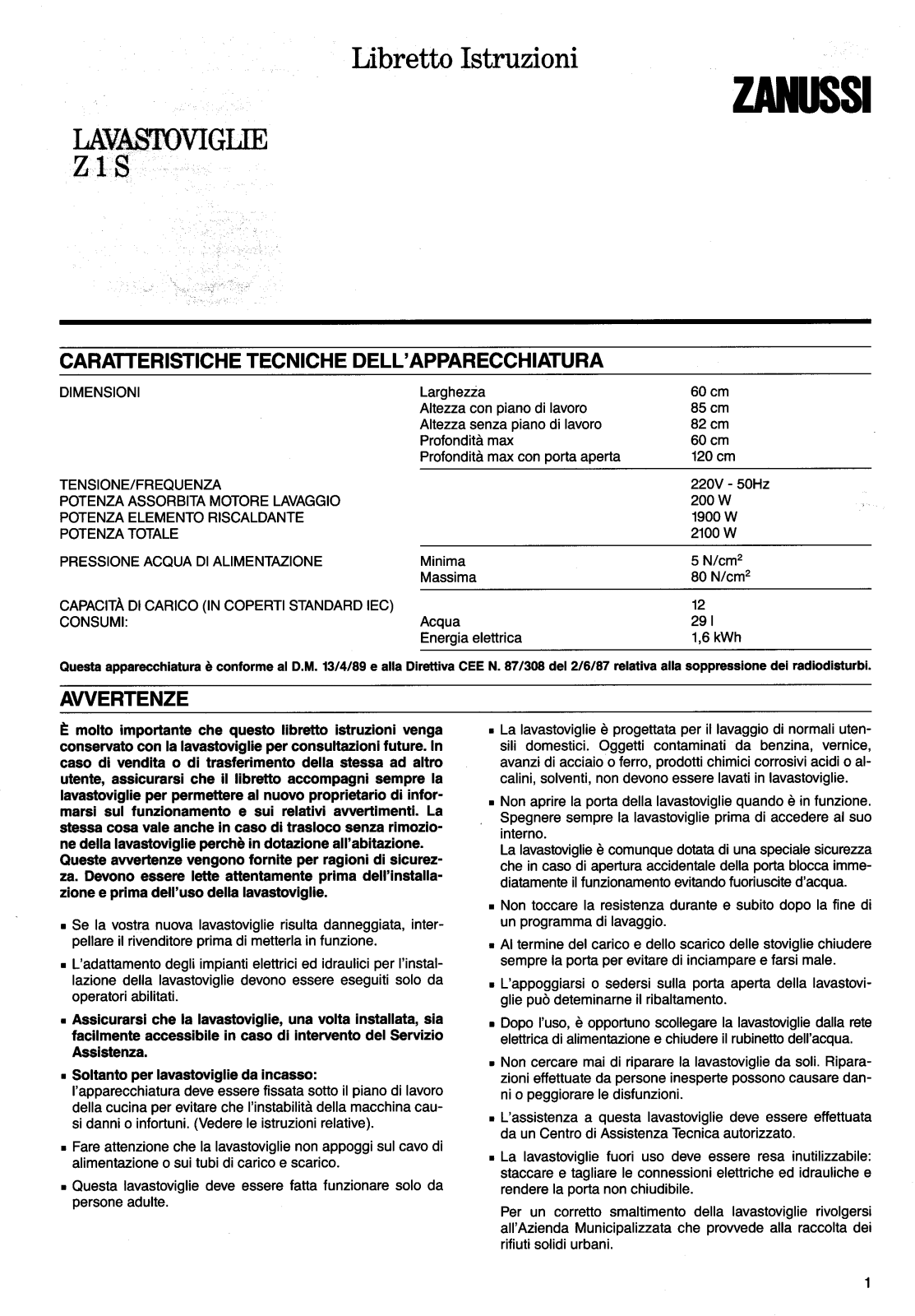 Zanussi Z1S User Manual