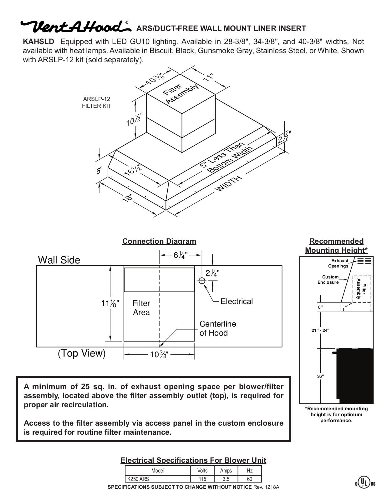 Vent-A-Hood KAHSLD SPECIFICATIONS