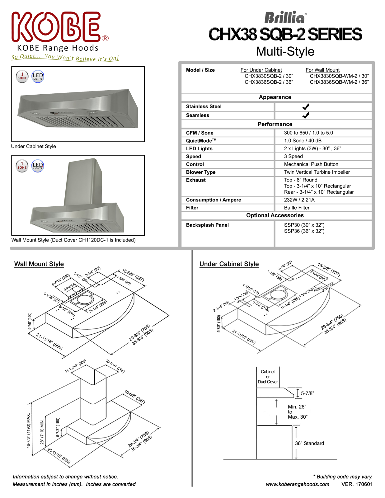 Kobe CHX3830SQBWM2, CHX3830SQB2 Specifications