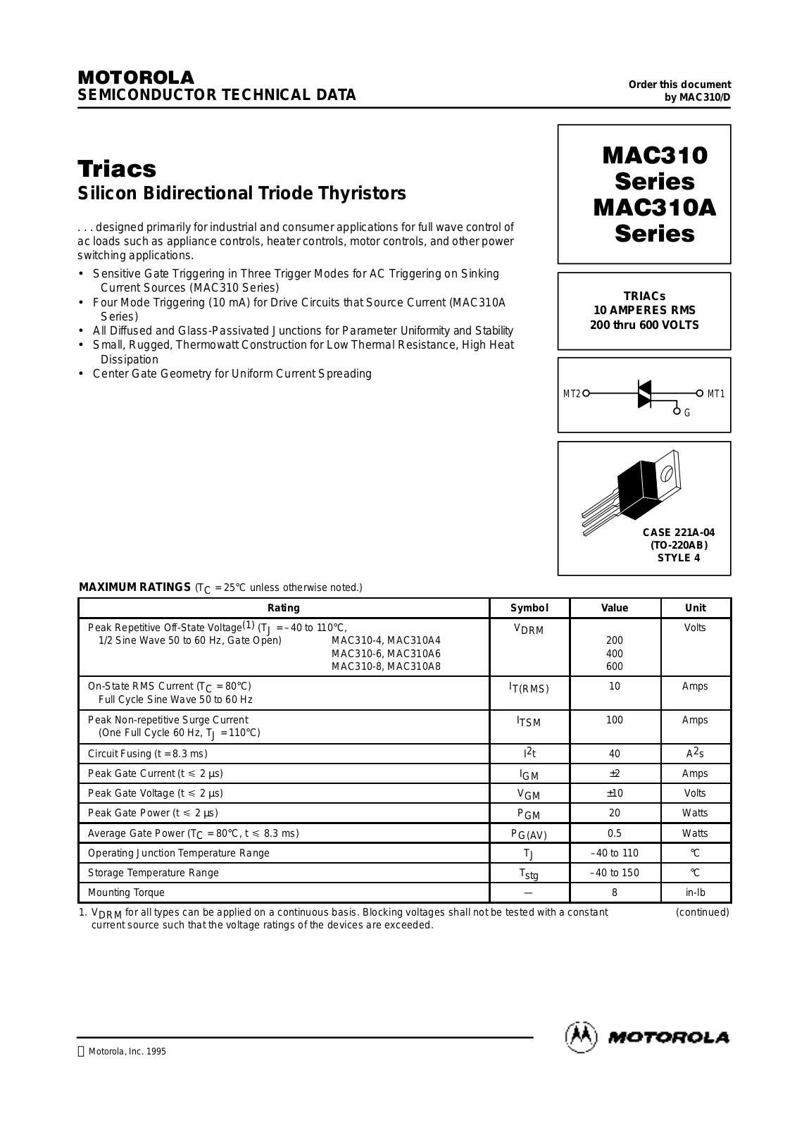 Motorola MAC310A4, MAC310-8, MAC310-4, MAC310A8, MAC310A6 Datasheet