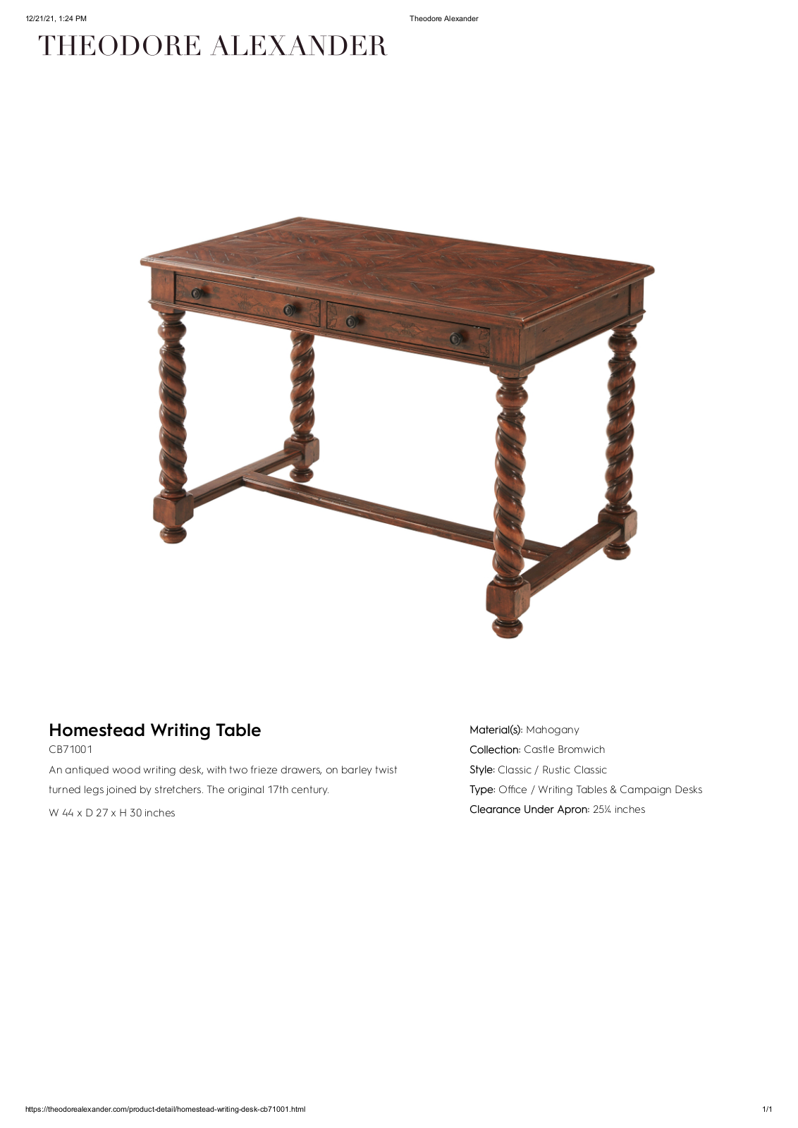 Theodore Alexander FPLJ1116 Specifications - ManualMachine.com
