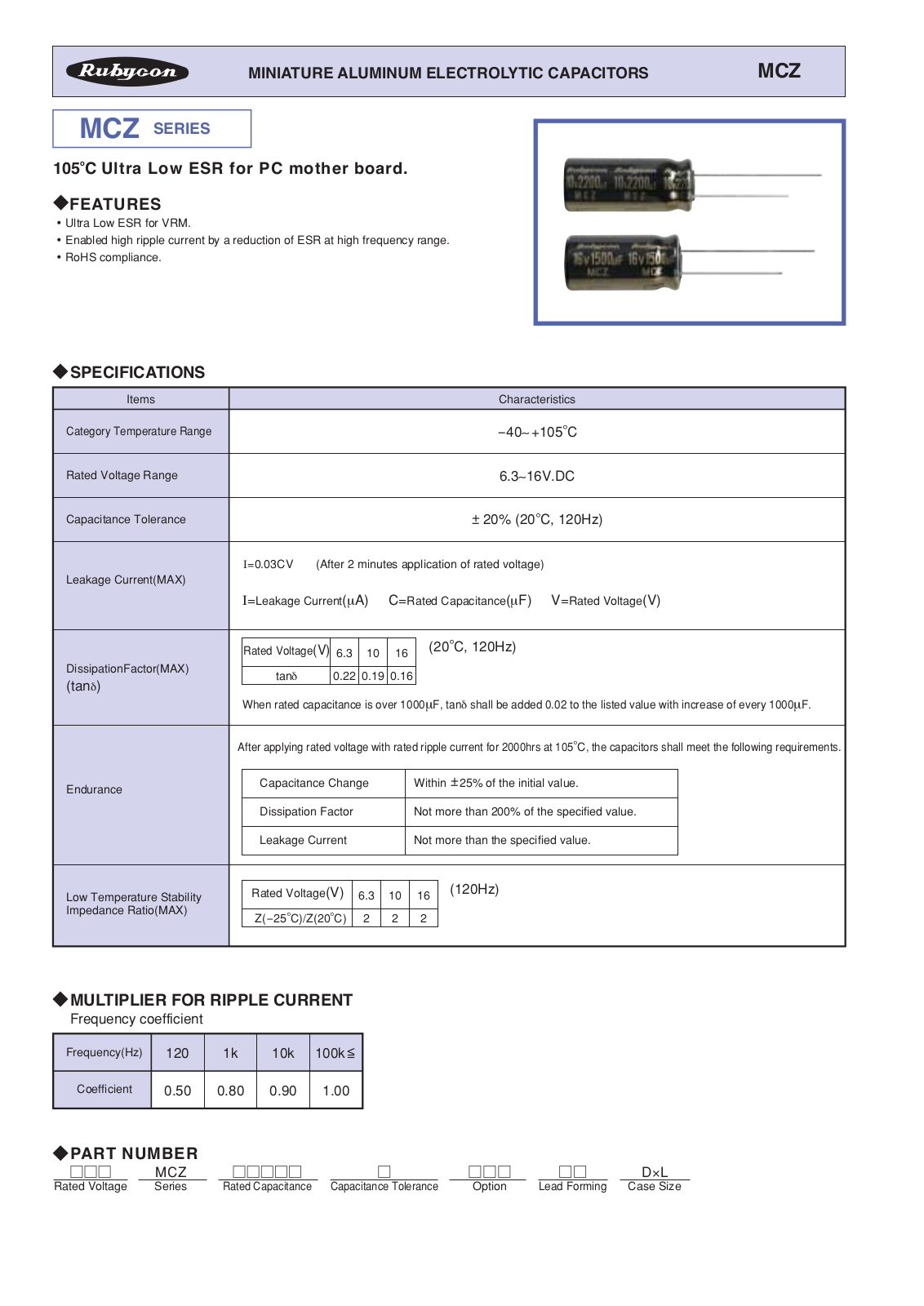 Datasheet Rubycon [radial thru-hole] MCZ series Datasheet - ManualMachine.com