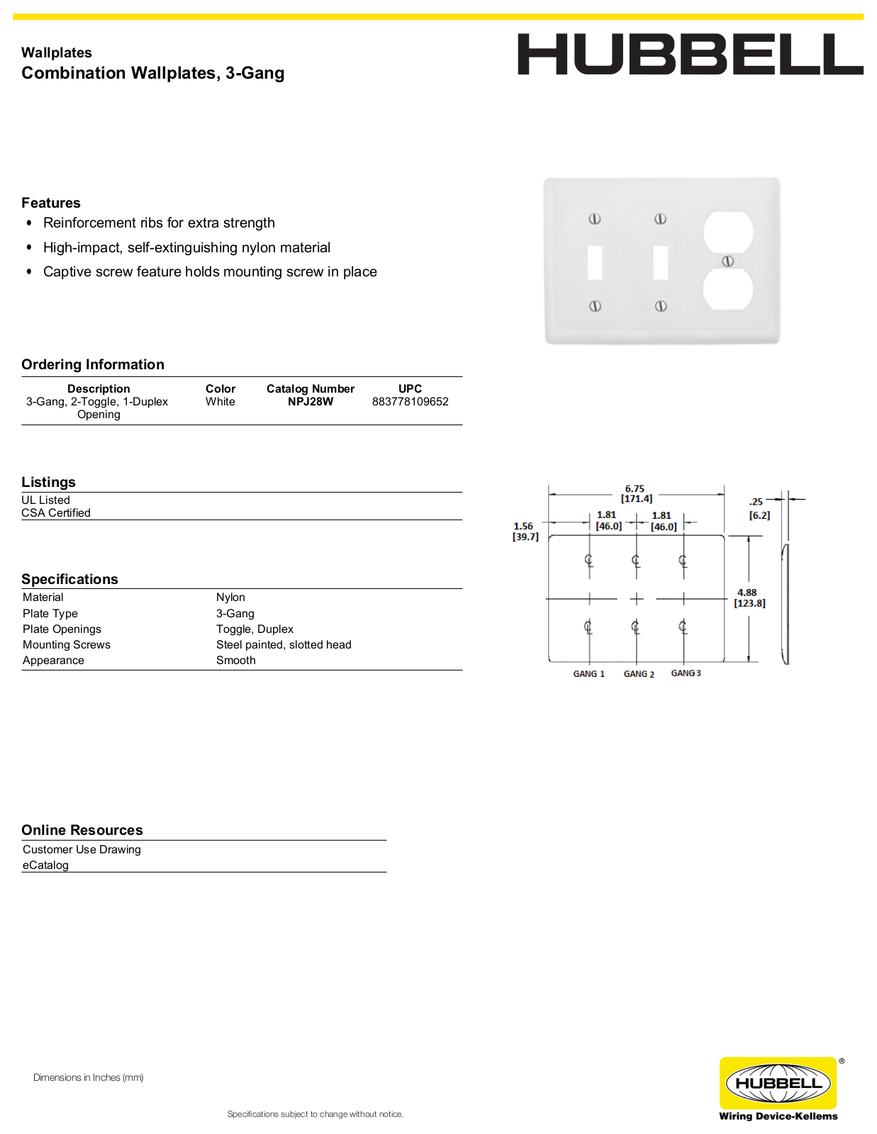 Hubbell NPJ28W Specifications