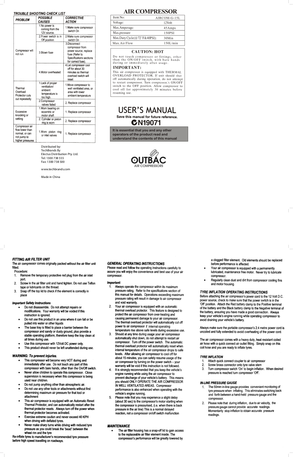 Outbac AIRCOM-G-15L User Manual