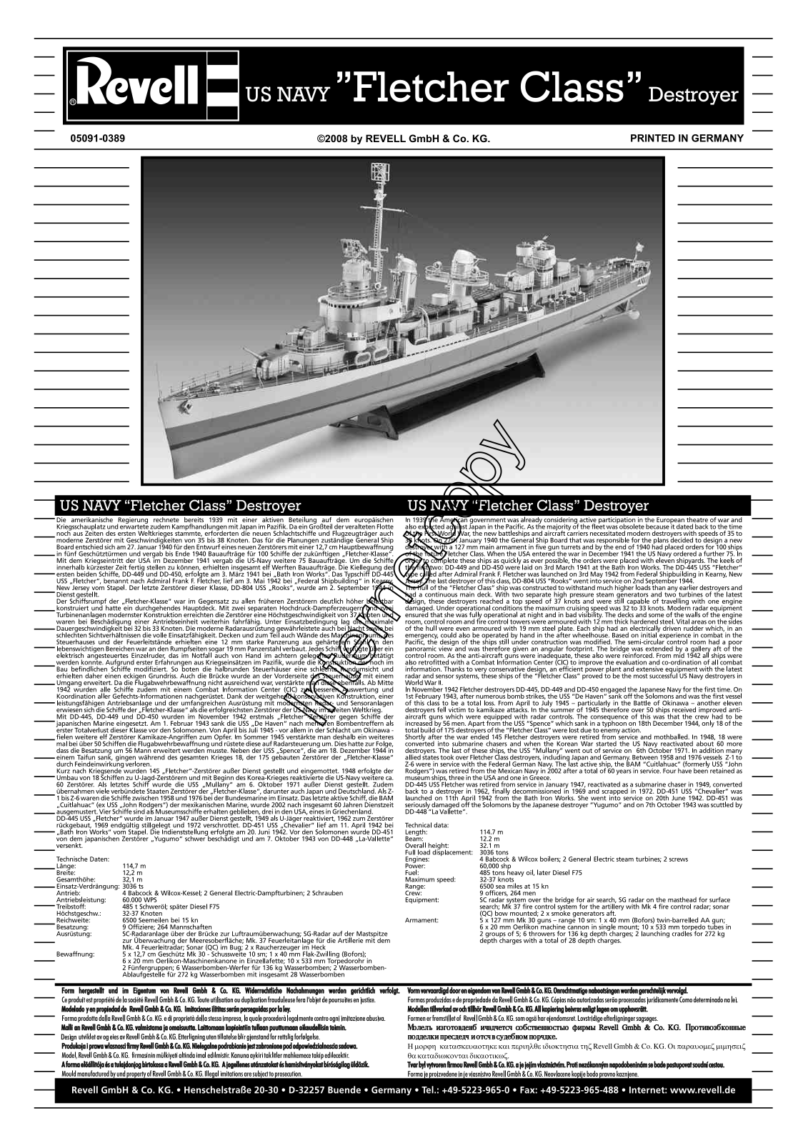 REVELL US Navy Fletcher Class Destroyer User Manual