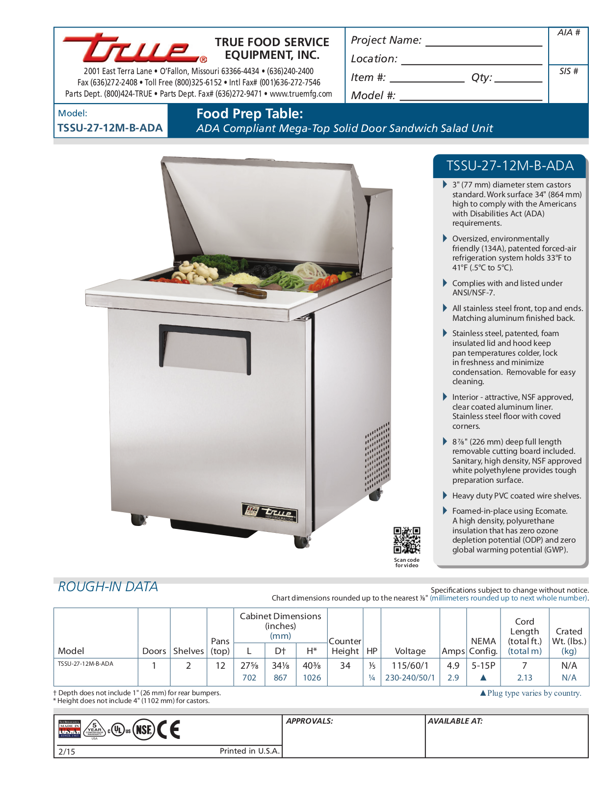 True TSSU-27-12M-B-ADA User Manual