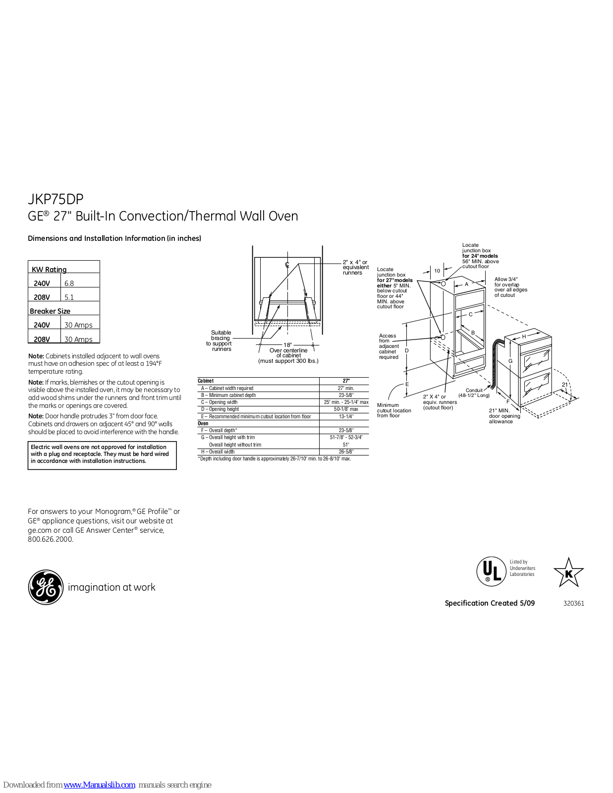 GE JKP75DPBB, JKP75DPWW Dimensions And Installation Information