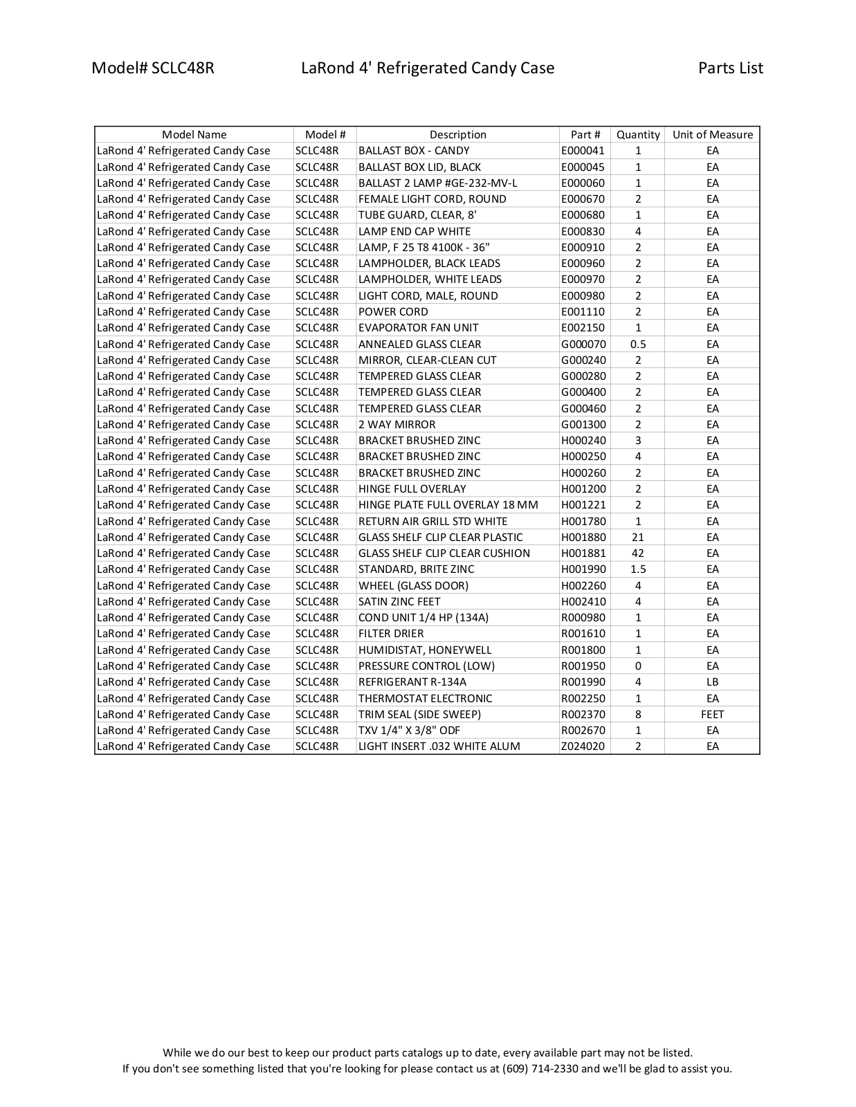 RPI Industries SCLC48R Parts List