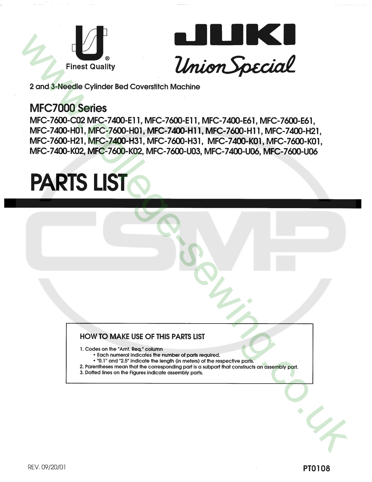 Union Special PT0108 Parts Book