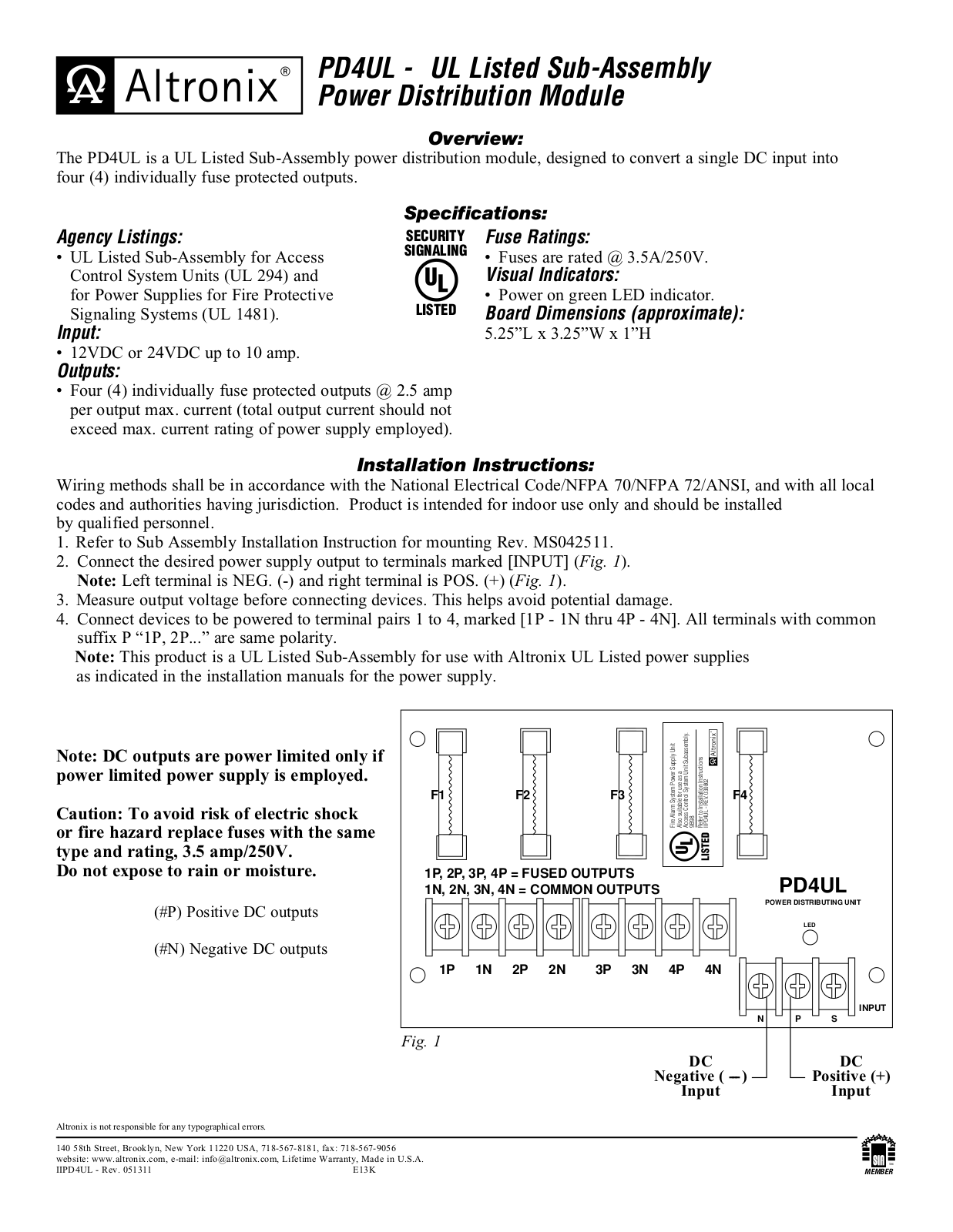 Altronix PD4UL Installation Instructions