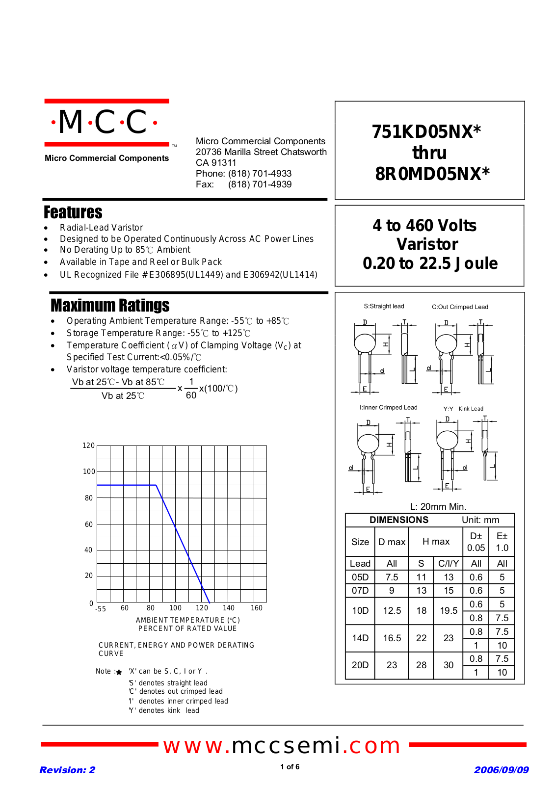 Micro Commercial Components 751KD05NX, 8R0MD05NX Technical data